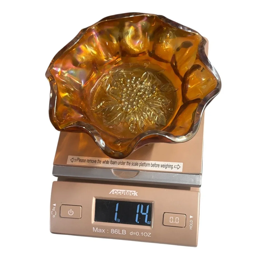 Vintage Marigold‎ Carnival Glass Bowl Grape Cluster Ruffled Edge 6 Inch
